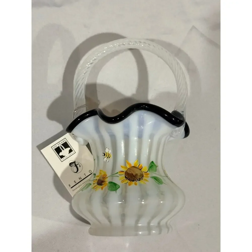Fenton 100th Anniversary Hand-Painted Glass Basket SunflowersBees w/Original Tag